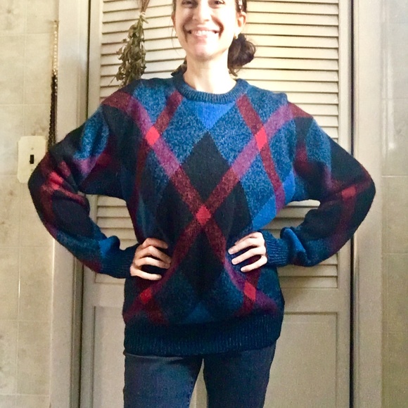 {Vintage} 100% Shetland Wool Plaid Grandpa Sweater - Picture 3 of 8